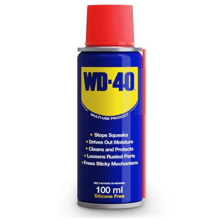 WD40 Multi-Use Product protects metal from rust and corrosion, penetrates stuck parts, displaces moisture and lubricates almost anything. 100ml